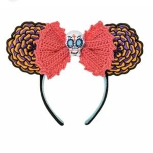 New! Disney Parks Coco Crochet Colorful Skull Headband with Bow Minnie ears